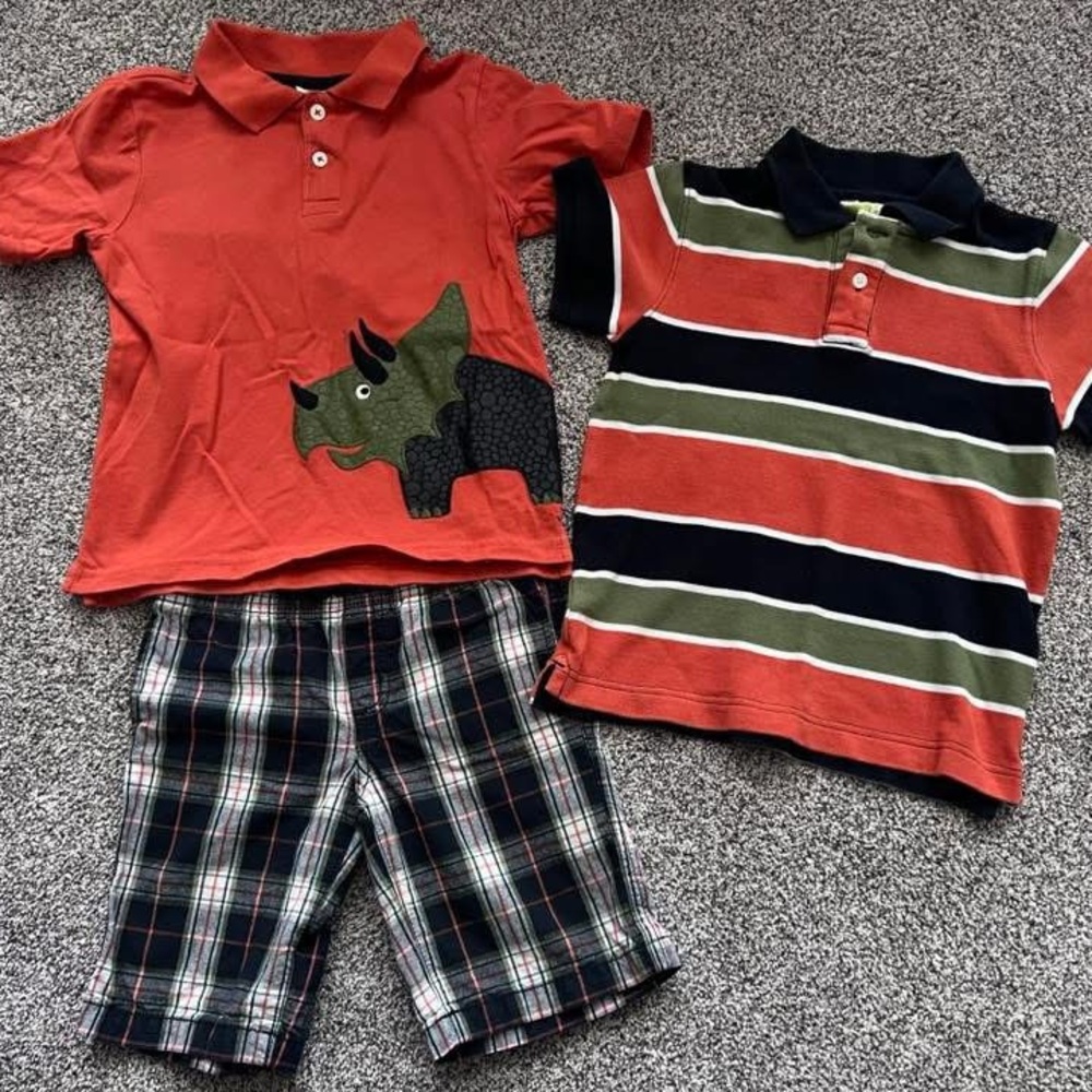 Crazy 8 outfit Kids' Orange and Striped Polo Shirt and Dinosaur shirt with Short